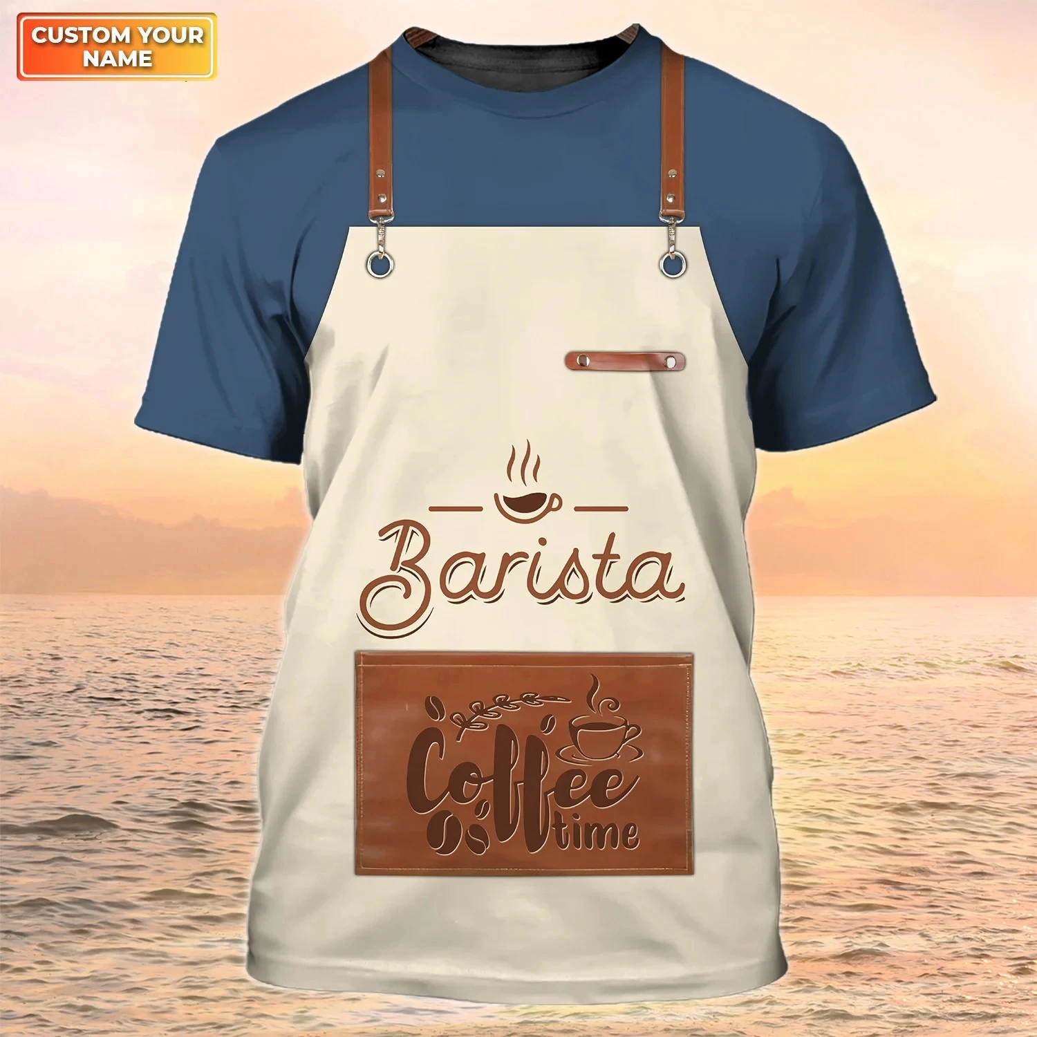 Fashionable New Personalized Coffee Shop Uniform Men\'s T-shirt Barista Summer Casual Comfortable Round Neck Short Sleeved