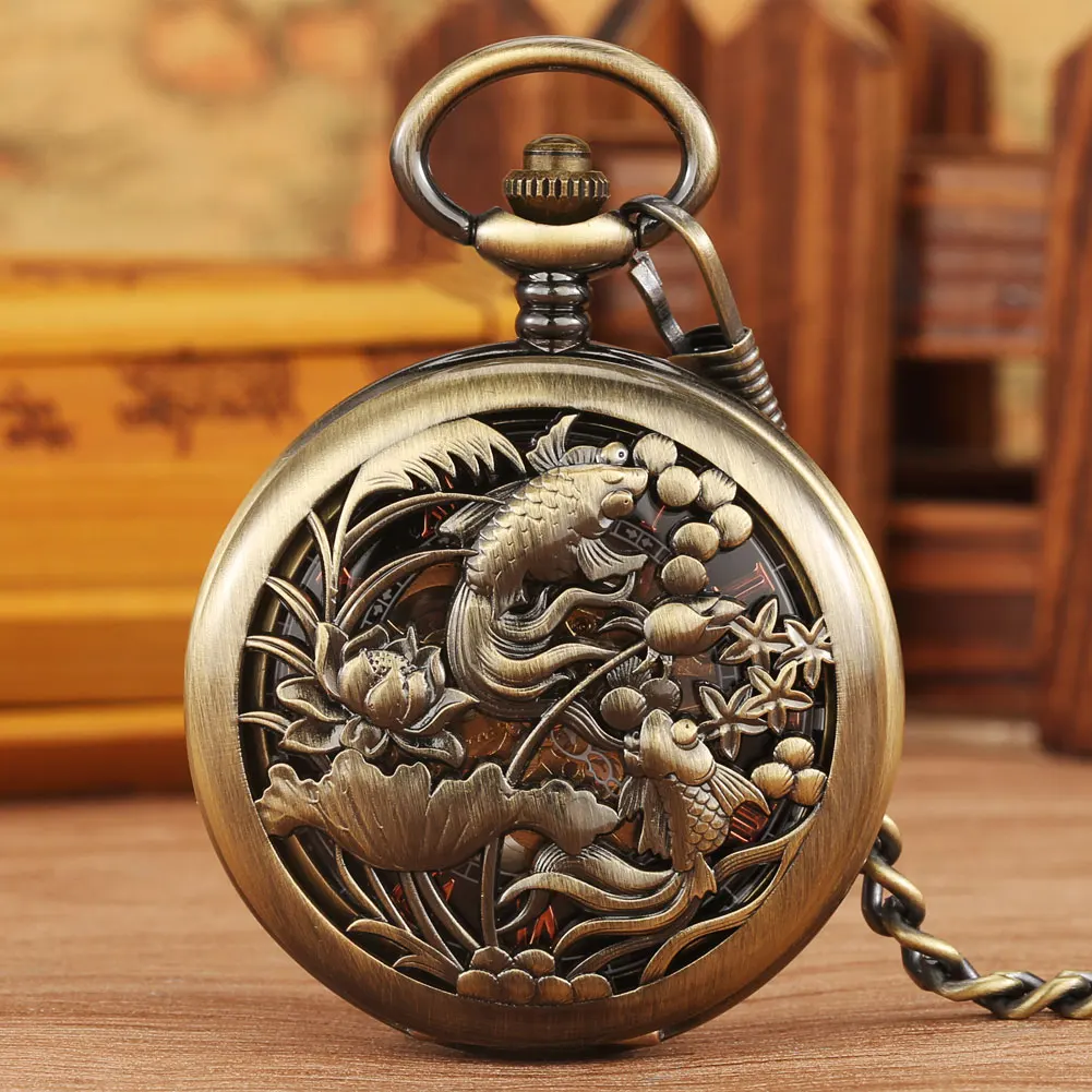 

Exquisite Bronze Mechanical Pocket Watch Goldfish Lotus Pond Hollow Half Hunter Hand Winding Mechanical Watch Pocket Clock Men