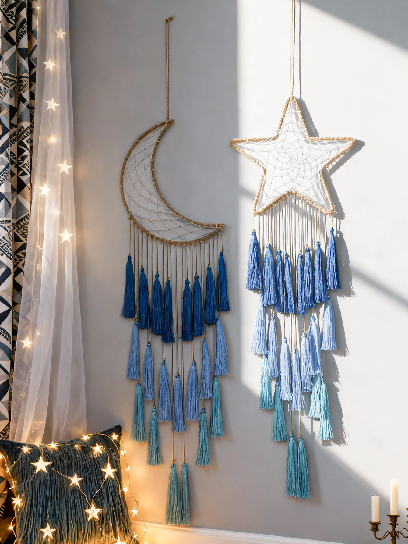 Moon & Star Macrame Dream Catcher Wall Decor Blue Tassels Boho Hanging Ornament Nordic Style Bedroom Living Room Decoration Gift