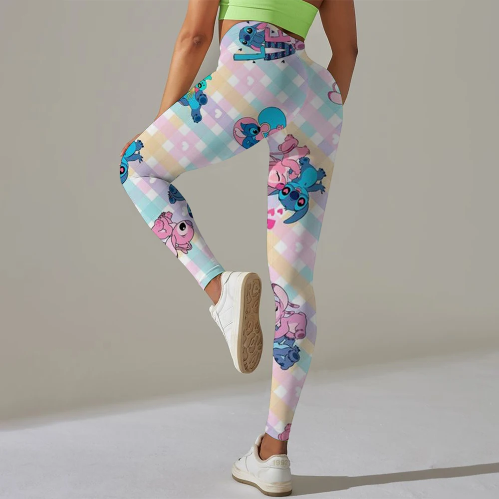Disney Stitch พิมพ์ Checkered สตรีกีฬาและฟิตเนสกางเกงขายาวผู้หญิง Tiedye GYM Leggings Mujer Push Up Booty กางเกงฟิตเนส