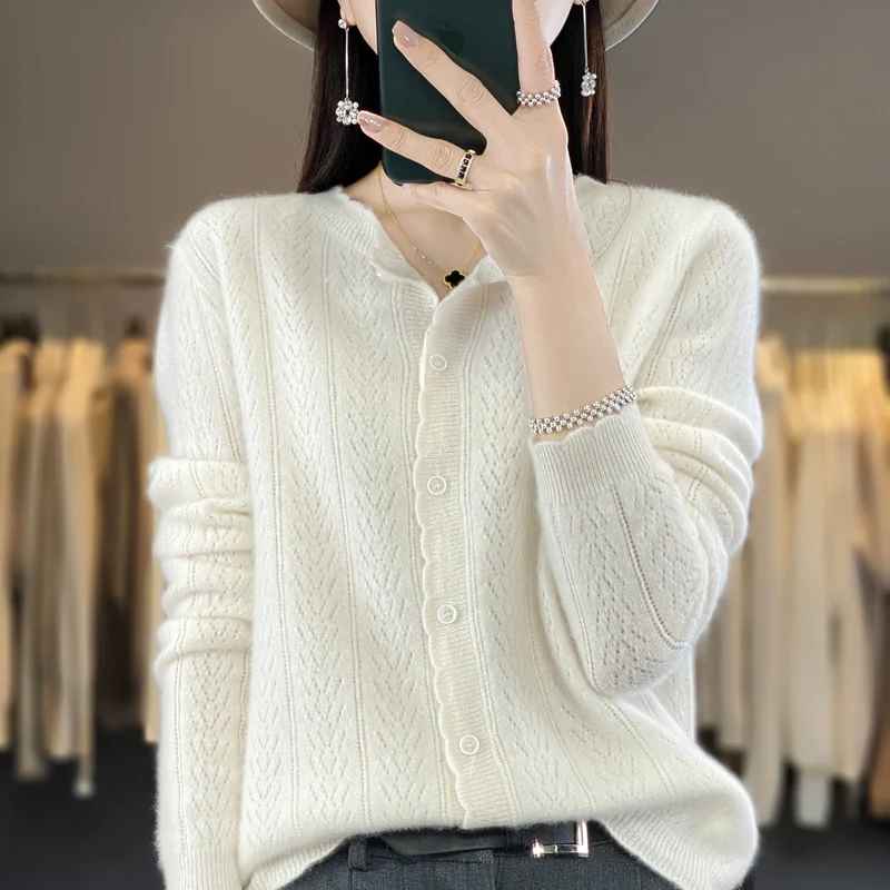 New Autumn Winter Cashmere Sweater Women 100% Merino Wool Sweater Round Neck Cardigan Casual Lace Up Knitted Clothing Tops