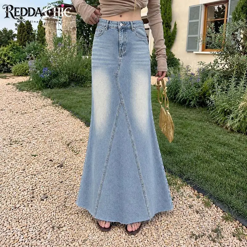 REDDACHiC Women Irregular Patchwork Maxi Denim Skirt Vintage Low Rise Washed Loose Maxi Fishtail Jean Skirt Lounge Streetwear