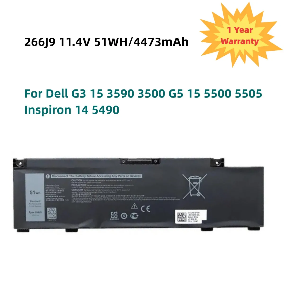 266J9 Laptop Battery for Dell G3 15 3590 3500 G5 15 5500 5505 Inspiron 14 5490 266J9 M4GWP PN1VN 11.4V 51WH