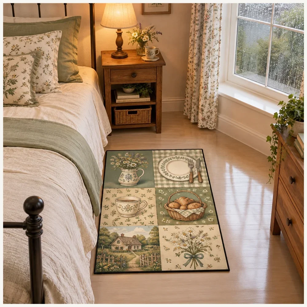 VIKAMA Country Table Door Mat, Non Slip Durable Flannel Rug, Vintage Cottage Floor Mat for Landing, Pantry, Cloakroom