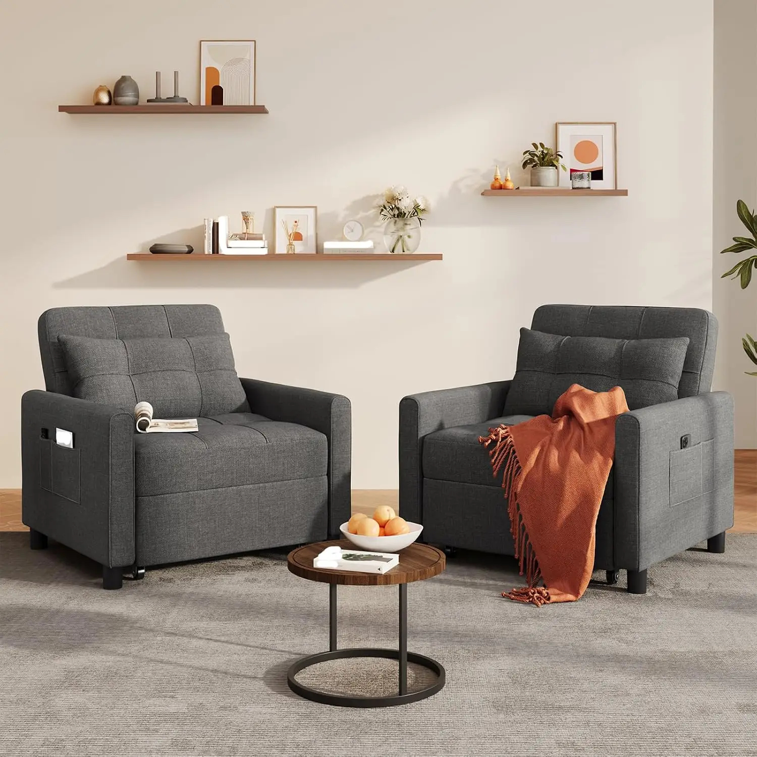 3-in-1 Convertible Sofa Bed, Linen Pull Out Sleeper Chair, Dark Gray, Customized