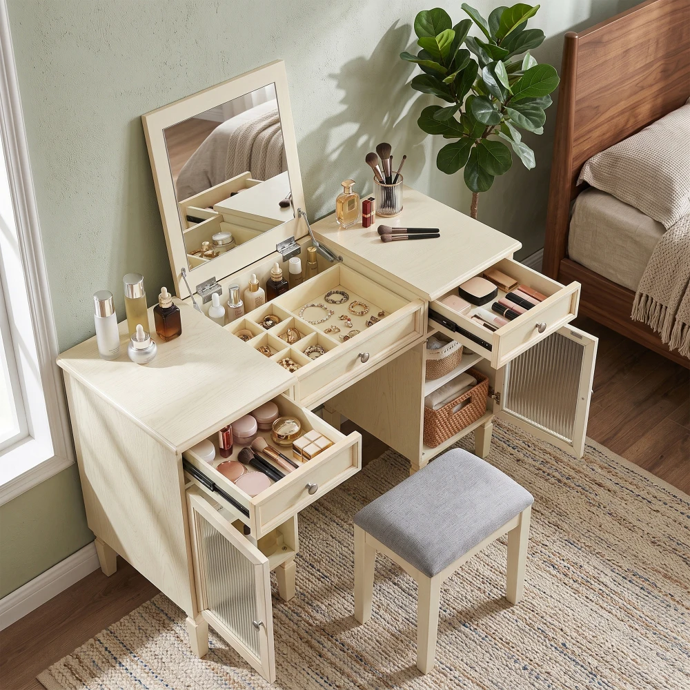 2-in-1 Makeup Vanity Desk with Flip-Top Mirror & Stool, Farmhouse Dressing Table Set with Reeded Glass Cabinets & Drawers, Multi-Purpose Desk, Dressing Room, Bedroom, Living Room, White Oak
