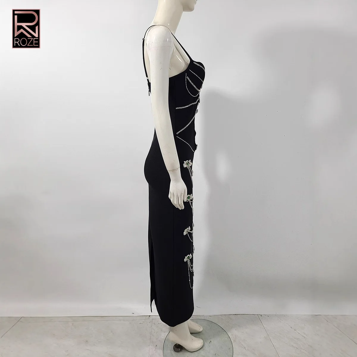 فستان سهرة ضمادة Bodycon مع سلسلة كريستال - ثوب حفلة بدون أكمام