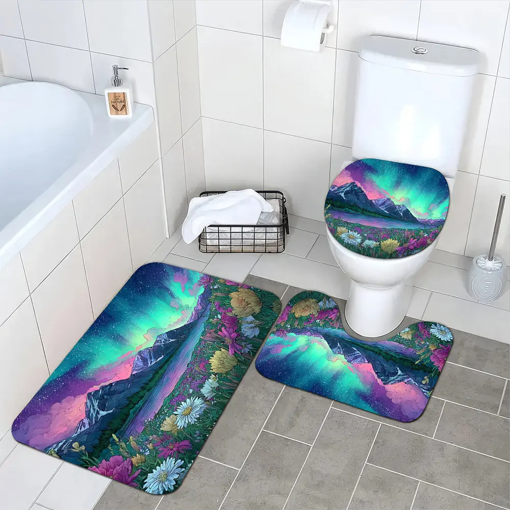 Vibrant Aurora Borealis Bathroom Mat Set Toilet Rug Bath Mat Tropical Night Scene Home Decor