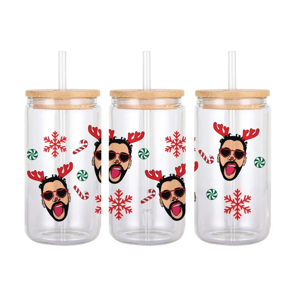 Christmas Theme Bad Bunny Waterproof Decal UV DTF Cup Wrap 16oz Libbey Glass Permanent Adhesive Ready To Apply No Heat Needed