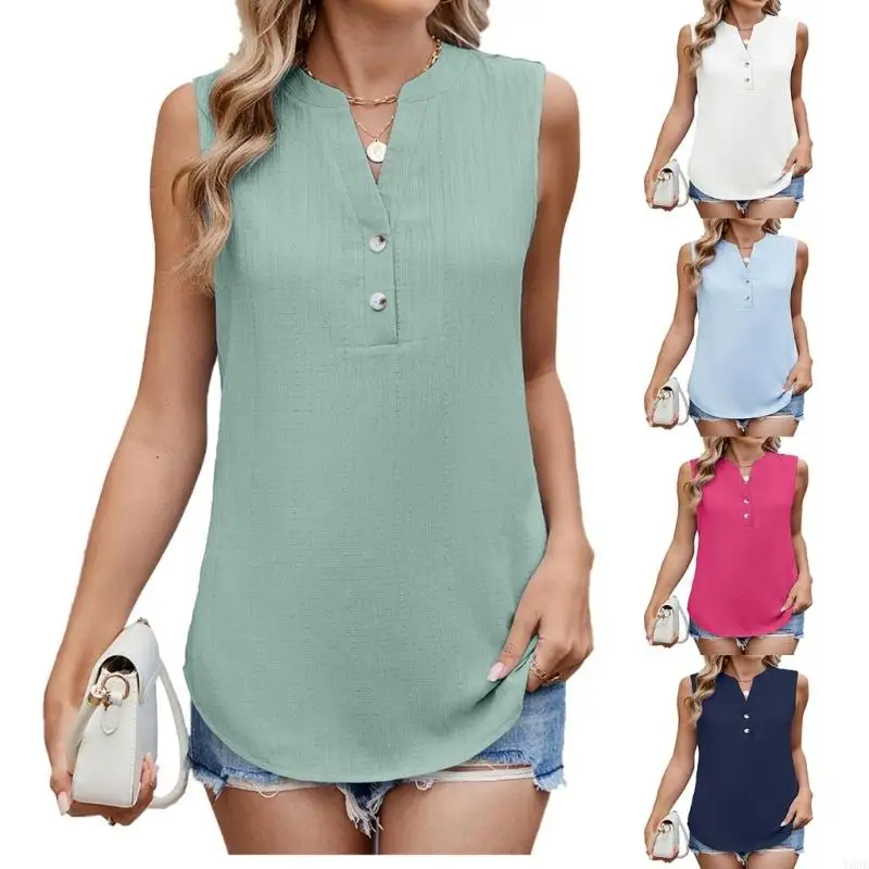 Y3NE Women's Sleeveless Shirt, Lightweight, Loose Fit, Button-Down, V-Neck, Casual, Sleeveless Blouse