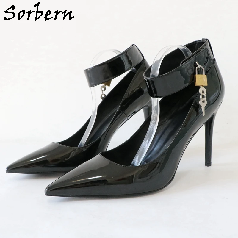 Sorbern 12Cm High Heel Stilettos Women Pump Shoes With Ankle Strap Locks With Keys Fetish Sissy Boy Shoes Custom Colors