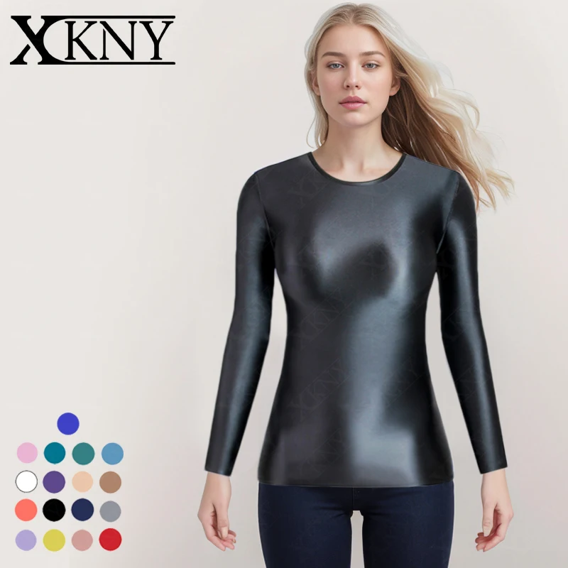 XCKNY satin glossy Long Sleeve Elastic high Neck Tight Sports Basic Shirt solid shiny top Casual Fashion T-shirt