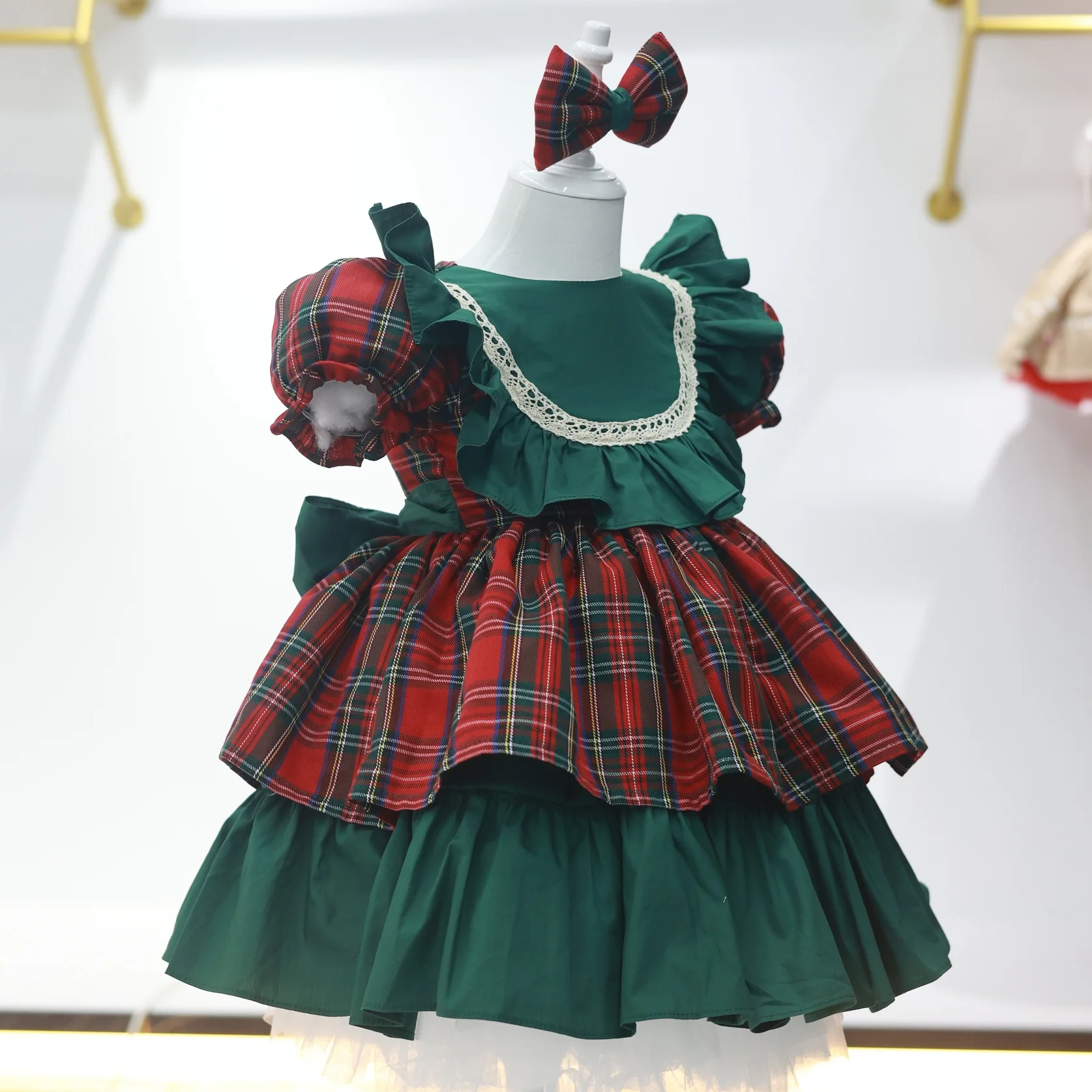 0-12Y Baby Girl Autumn Red Plaid Turkish Vintage Lolita Princess Ball Gown Green Dress for Christmas Holiday Eid Casual C18