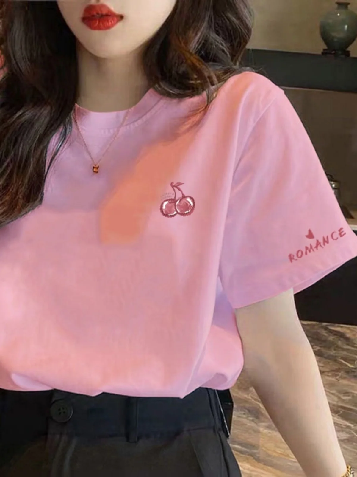 

Розовая футболка из чистого хлопка, женская, свободного кроя, с принтом, увеличенный размер, в корейском стиле, для повседневной носки, летняя
