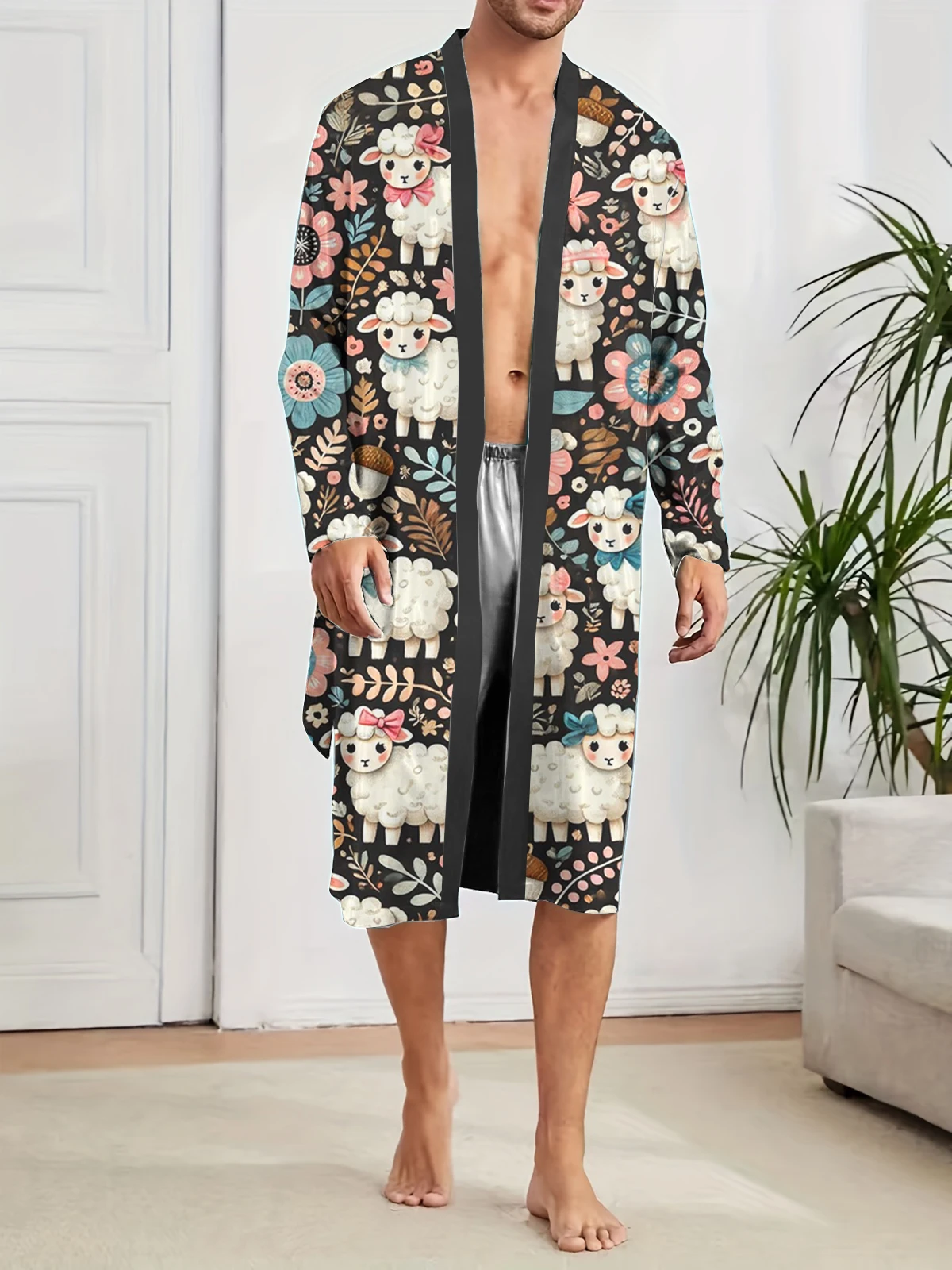 Men Long Nightgown with Digital Printing for Quick Drying,Spring Autumn Fun Home Sleeping Shower Robe for Leisure Entertainment