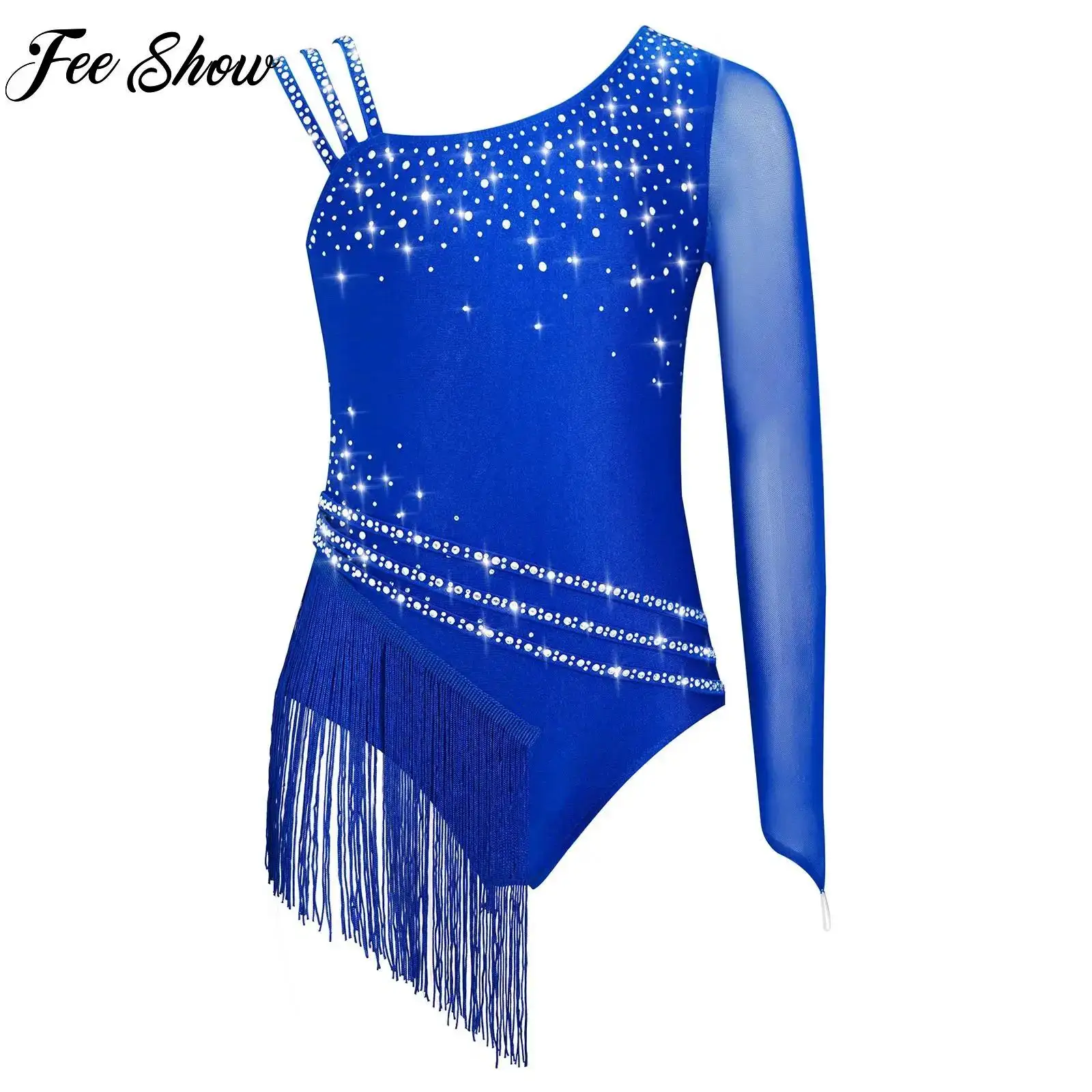 

Kids Girls Ballet Jersey Gymnastics Latin Dance Figure Skating Performance Costumes Tassel Rhinestones Fringe Leotard Bodysuit
