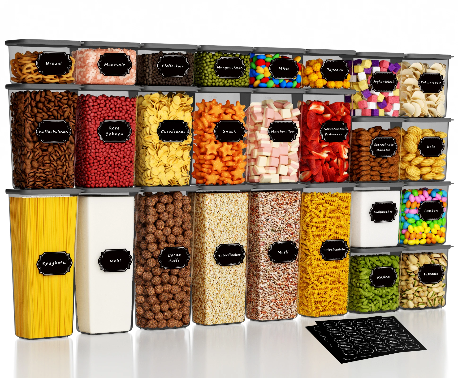 Juego de 26 Recipientes Herméticos con Tapa, Contenedores para Almacenamiento de Alimentos, Frascos para Harina, Cereales y Granos