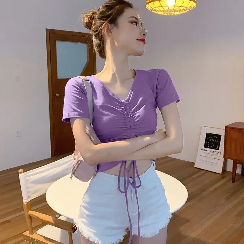 Purple Drawstring T-shirt Women's V-neck Short-Sleeved Shirt Short Tight Woman Tshirts Tops Mujer Camisetas