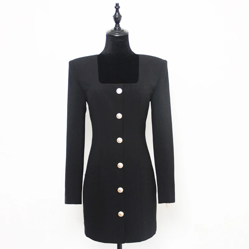 Fall New Fashion Solid Color Square Collar Single Row Golden Buttons Long Sleeve Slim Zipper Pocket Short Woman Dress