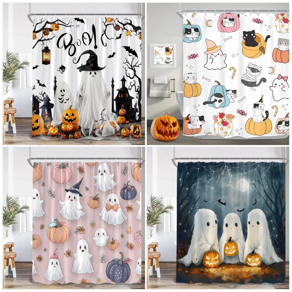 Funny Cartoon Halloween Shower Curtain Cute Cat White Spooky Ghost Pumpkin Bat Bath Curtain Cloth Home Bathroom Decor with Hooks