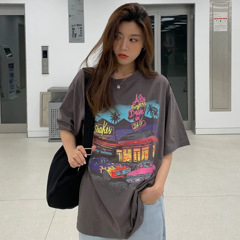 2022 maré retro marca de manga curta t-shirt feminina solta versão coreana ins estilo Harajuku all-match hiphop meia-manga top