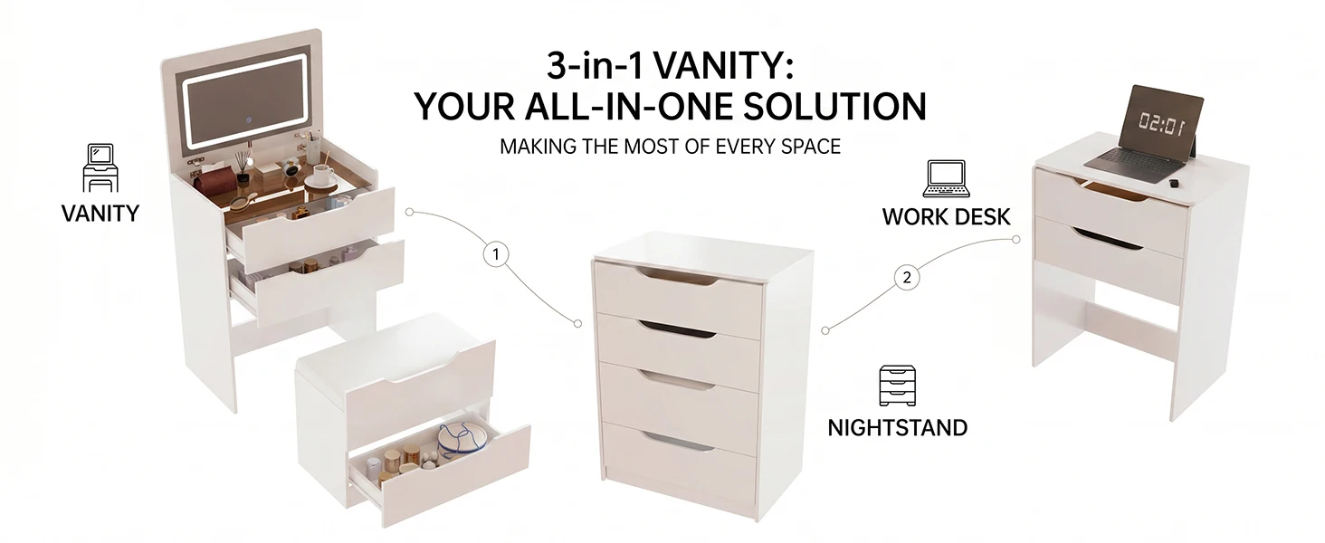 3 in 1 Hidden Vanity Desk with Flip Top LED Mirror, 3 Color Lighting, Compact Vanity with 3 Drawers, Glass Top & Hidden Storage Chair, Modern Small Dressing Table Nightstand for Bedroom, White