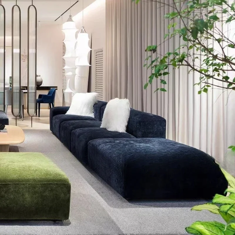 Minimal large flat tofu block module straight row corner combination designer living room flannel sofa