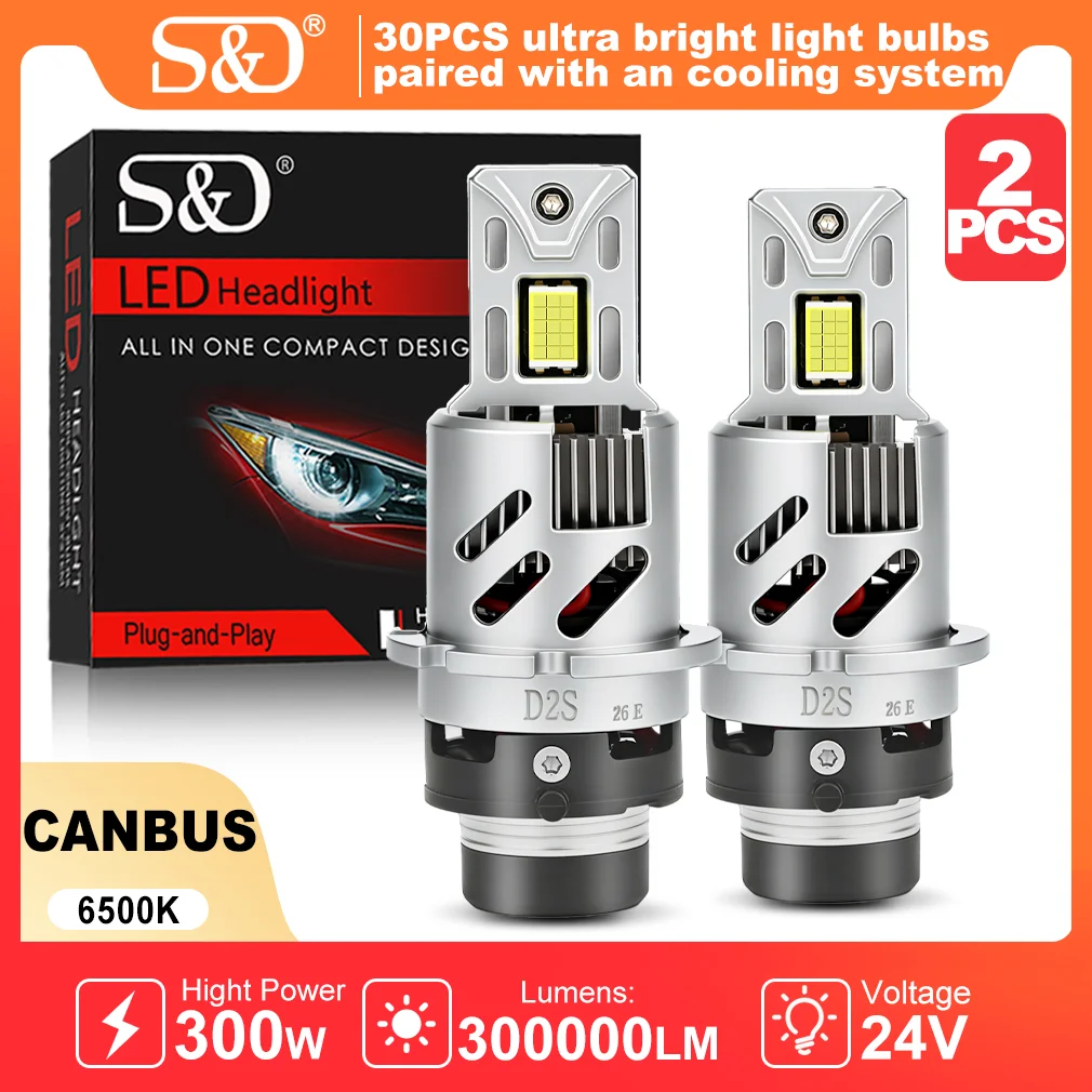 S&D 300W D2S D4S LED Canbus Headlight Bulb with Fans D2R D4R 300000LM Auto Car HeadLamp for Driving Xenon HID 6500K Plug&Play