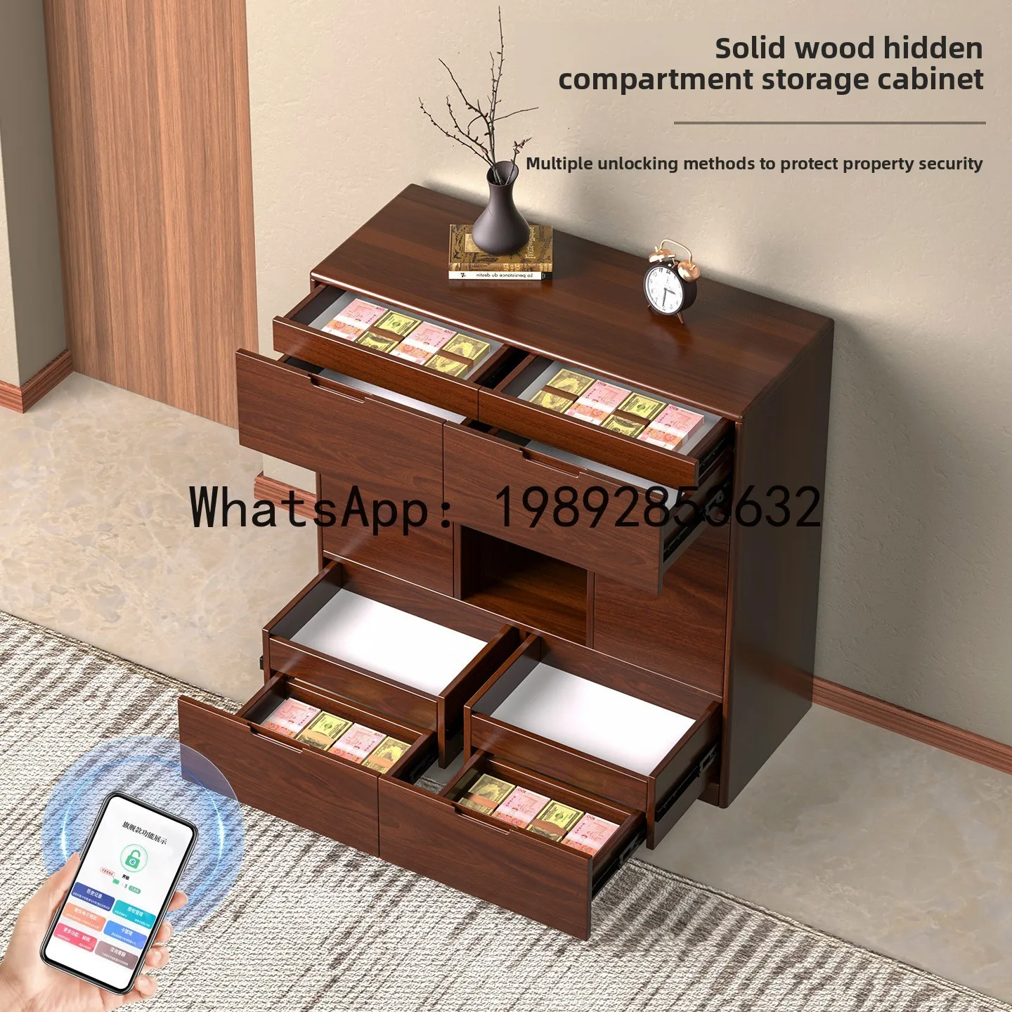 

Hidden Compartment Storage Cabinet Vintage Style Multifunctional Hidden Sideboard Safe Rubber Wood New Chinese Style