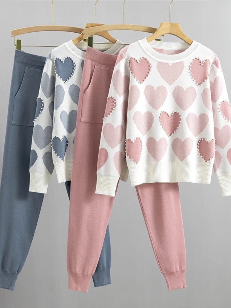 Love Print Knit Tops 2 Piece Set Women Beading Pullover Sweater Conjunto High Waist Jogger Harem Pants Korean Casual Suit Autumn