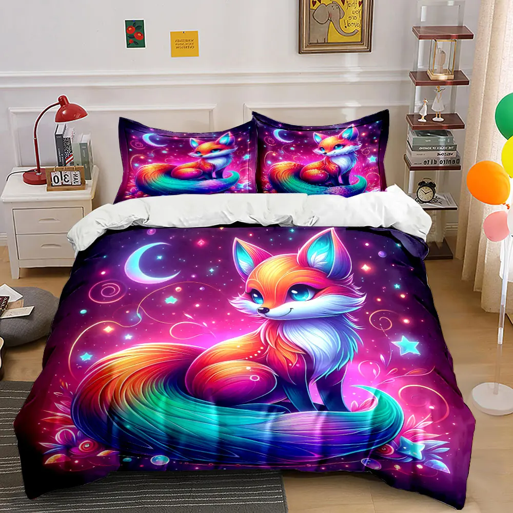 Vibrant and Dreamy Fox Illustration Print Bedding Set 1 Duvet Cover 2 Pillowcases for Adult and Children Luxury Gift Full Size