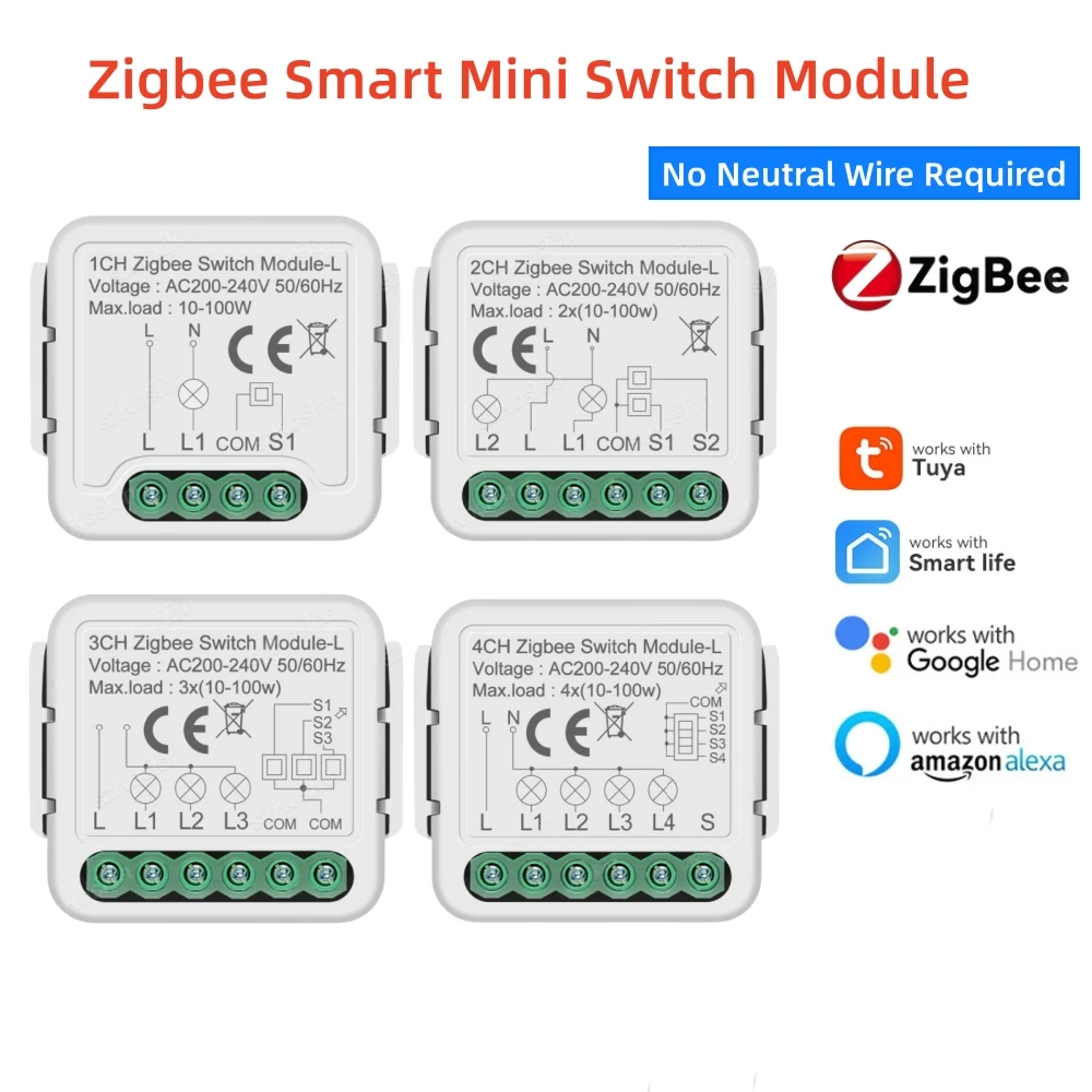 Смарт-модуль переключателя Tuya Zigbee, реле без нейтрального провода, для 1, 2, 3, 4 клавиши, 2 канала, работает с Alexa Google Home