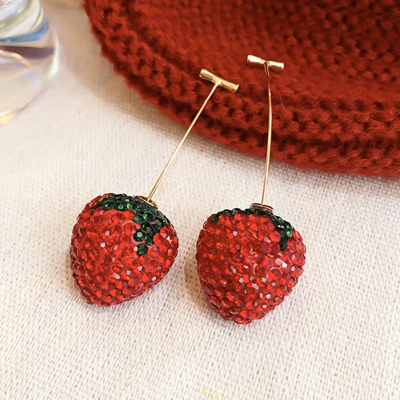 Cherry Strawberry Drop Earrings for Women Red Rhinestone Dangle Earrings Temperament Party Wedding Ear Jewelry Gifts