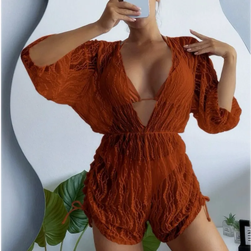 

New 3 Pieces Suit Swimwear Sexy Micro Bikini Set With Drawstring Bodysuit Cover-Up Swimsuit Halter Lace-Up Backless Beachwear