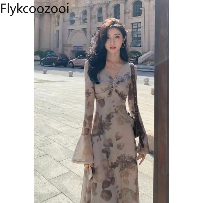 

Vintage Printed Floral Kink Folds V-neck Long Sleeve Dress Women Tight Waisted A-line Slim Long Dress Lady Elegant Mesh Cloth