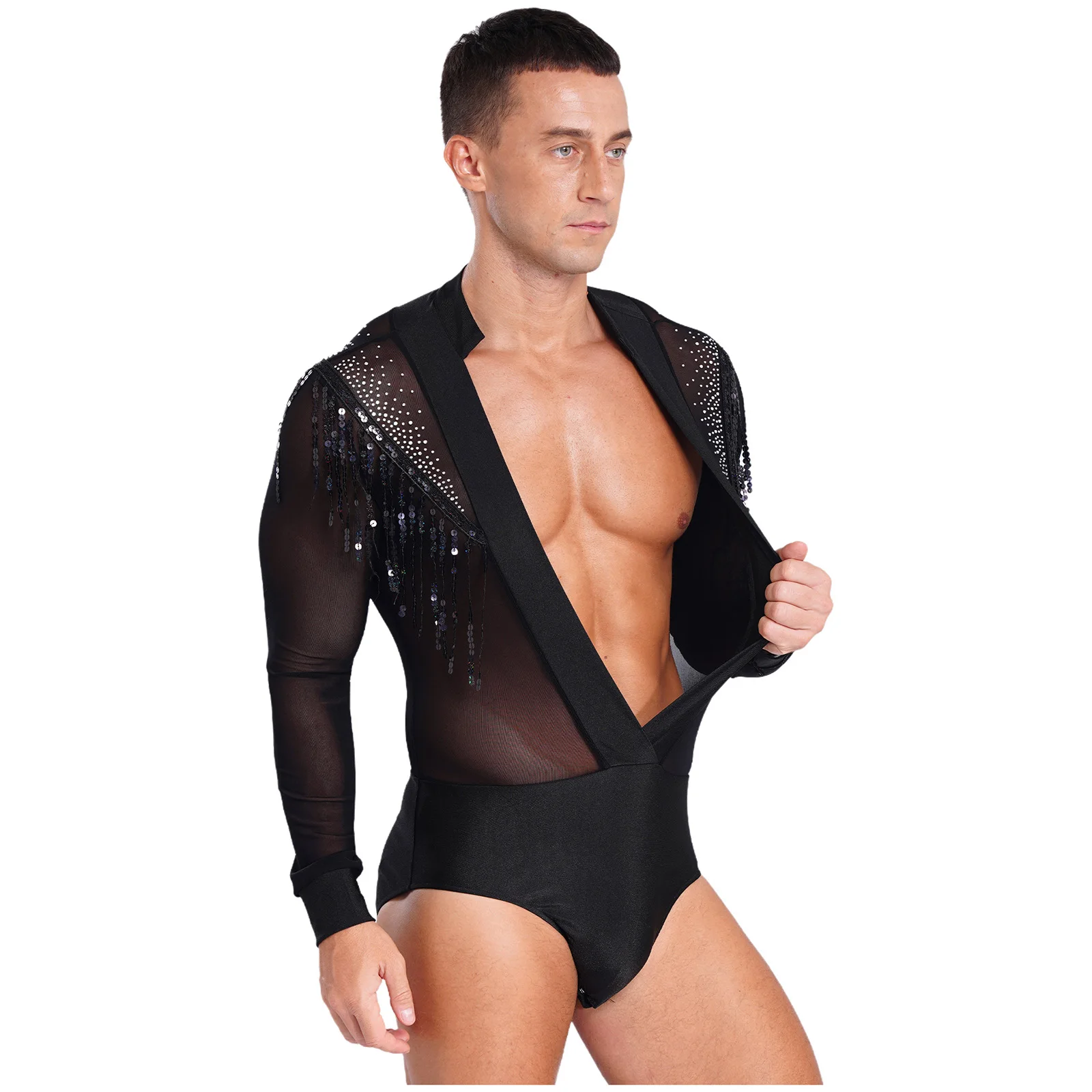 Men Latin Dance Leotard Deep V-neck Mesh Patchwork Sequined Tassels Rhinestones Bodysuit Latin Performance Wear