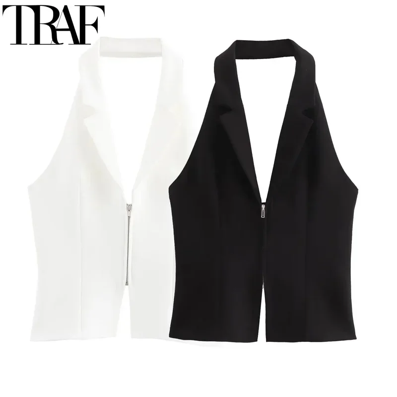 TRAF Halter Corset Top Woman Summer Off Shoulder Backless Sexy Crop Tops  White Black Vest Top Female Zipper Sleeveless Tank Top