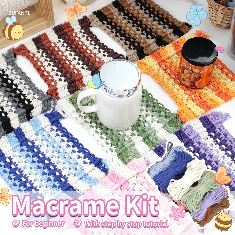 DIY Square Coasters Macrame Kit with Tutorial for Beginners Heat Protective Mats Adult Hand DIY Knitting Kits for Mugs