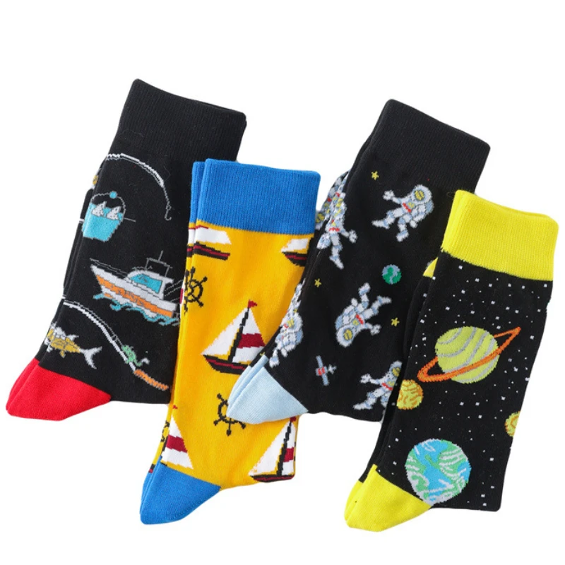 Happy Funny Men Socks Combed Cotton Skateboard Painting Space UFO Astronaut Ship Crew Socks Casual High Quality