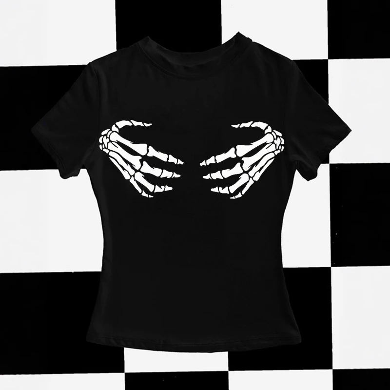 

European and American style 2025 summer new T-shirt Easter punk Gothic skeleton handprint flower Y2K slim fit top for spicy girl