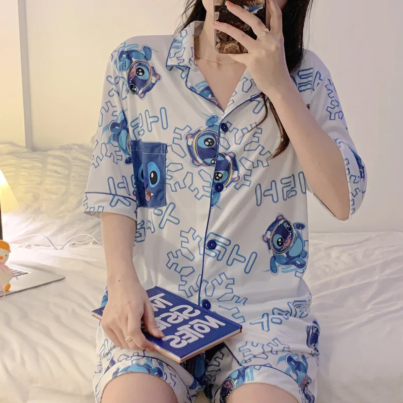 Pajamas Women\'s Summer New Cute Cartoon Stitch Short-sleeved Shorts Lapel Cardigan Thin Pajamas Home Service Suit