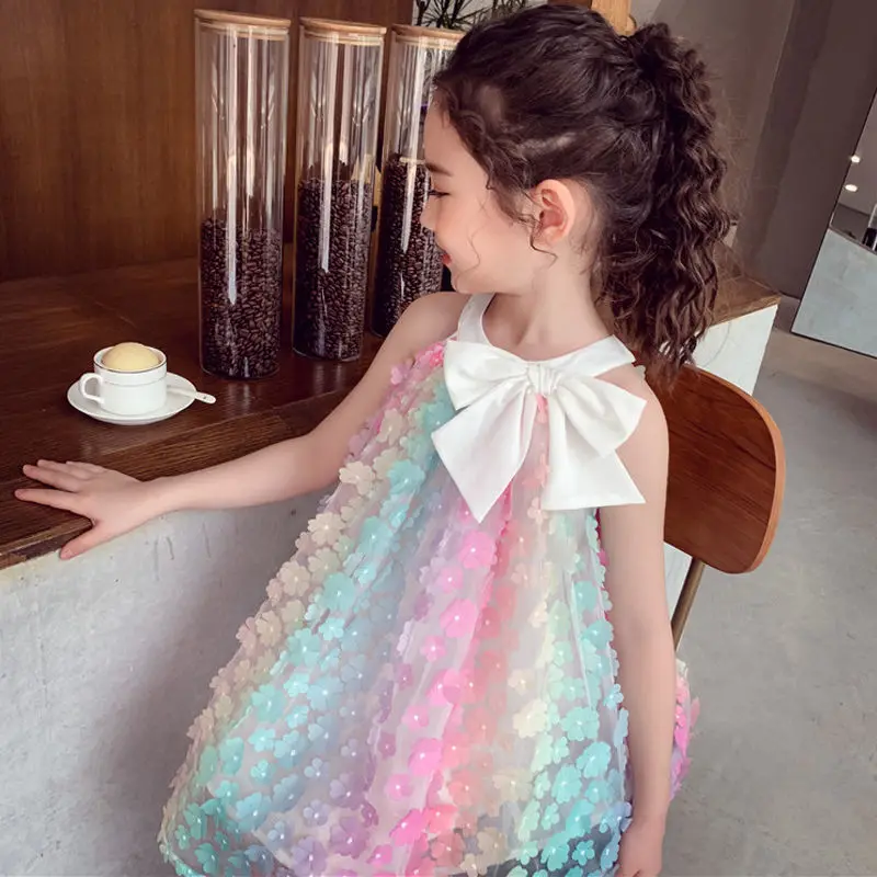 

Girls' Sleeveless Dress Summer New Colorful 3D3DFloral Dress for Girls with Bow Princess Dress
