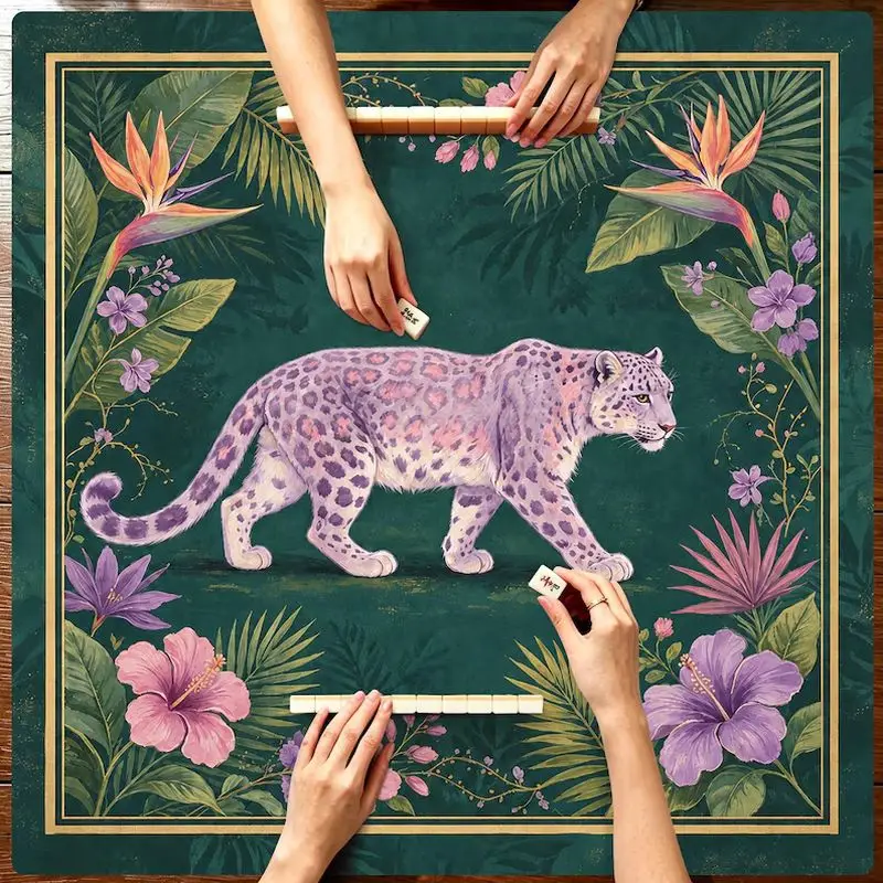 VIKAMA Vintage Tropical Floral Pink Leopard Mahjong Rug Non Slip Noise Absorbent Table Pad Game Room Tea Room Home Decor