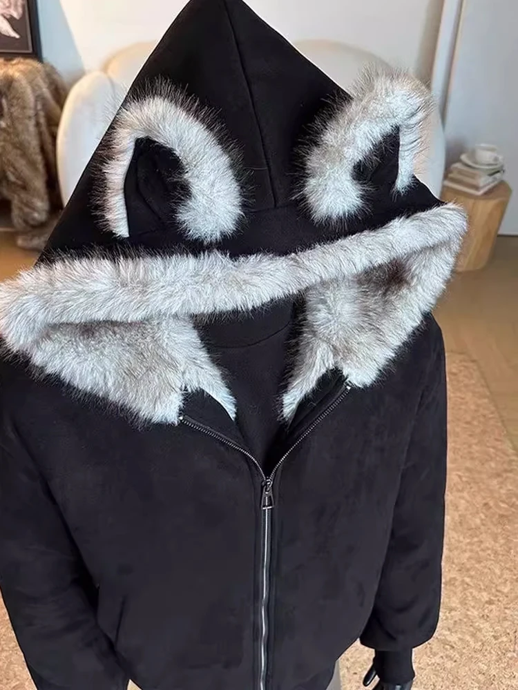 

Thiened Ear Fur Collar Jaet Hooded Cotton Coat for Couples Winter Warm Outerwear Women's Sle