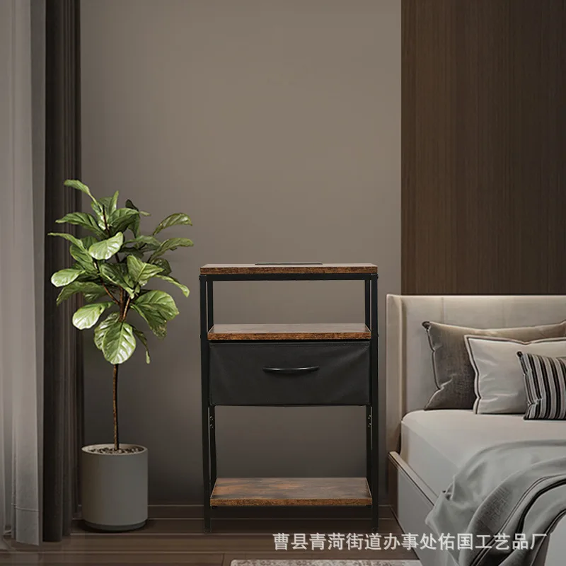 Retro iron and wood combined with drawer bedside table rechargeable household bedside storage side table bedroom storage locker