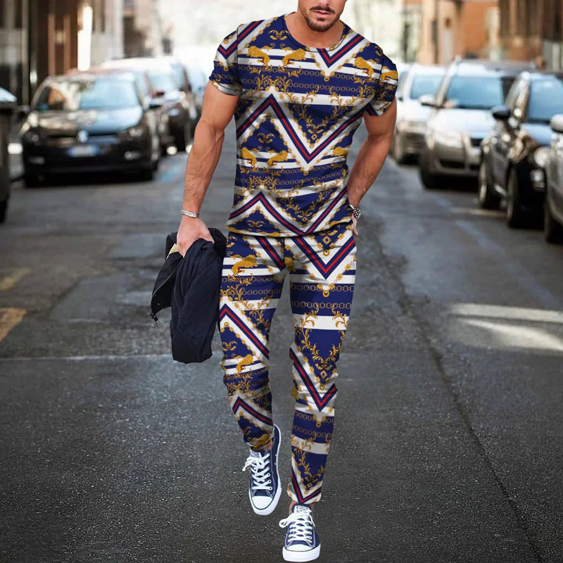 Summer Men Tracksuit joggers Vintage Pattern 3d Print T-shirt Men's luxury tracksuit Sports Short Sleeve Tshirt+pants 2 Pcs Sets
