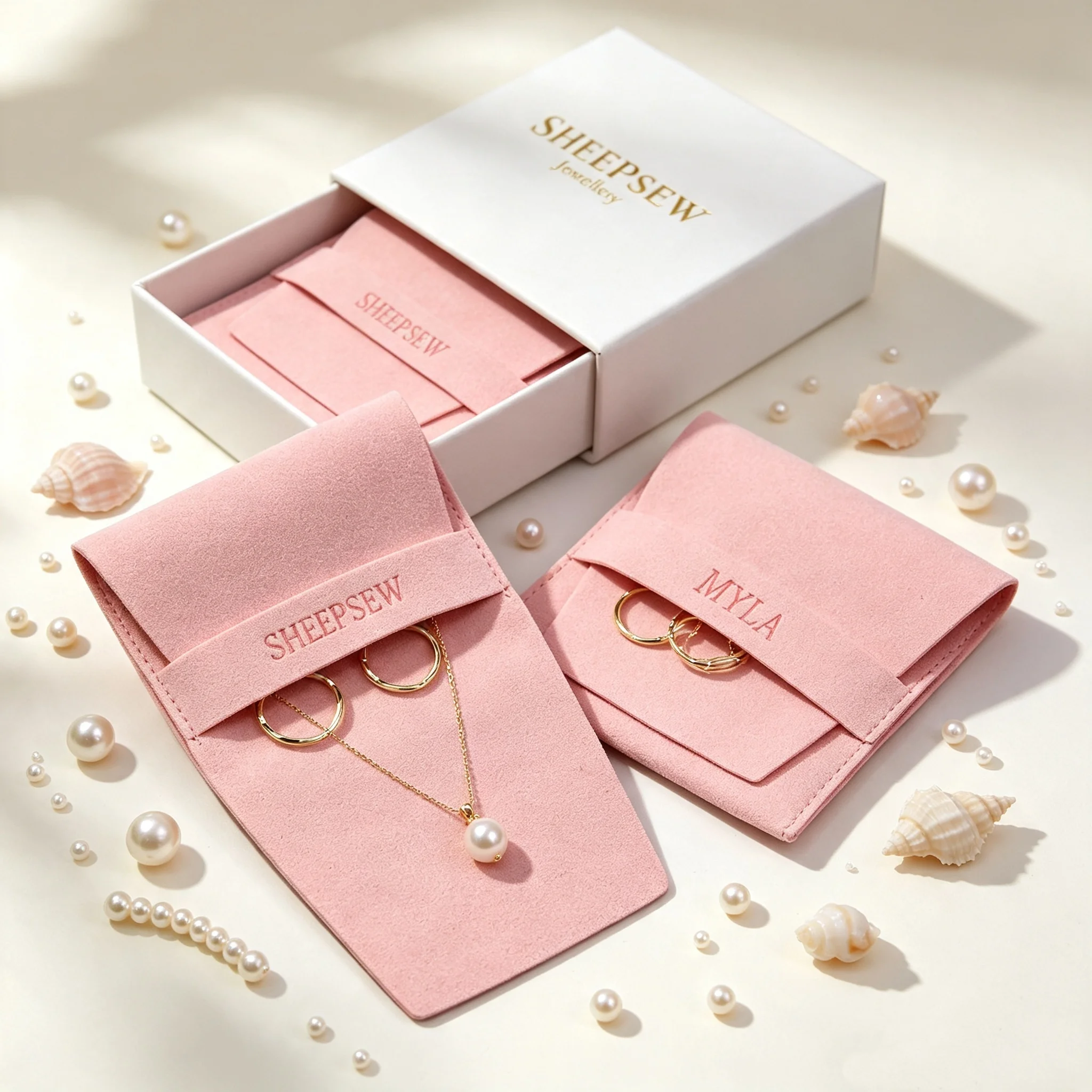 SheepSew Elegant Flap Microfiber Suede Jewelry Bag Custom Emboss Logo, Premium Fashion Jewellery Package For Wedding Pearl Neckl
