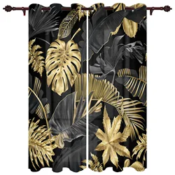 Golden Leaves Black Background Window Curtains Kids Room Living Room Curtain Panels Valance Curtains for Kitchen