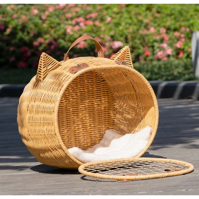 Handmade Rattan Woven Cat Ear Hollow Out Cat Carrying Basket Breathable Prevention Stuffiness Portable Pet Nest
