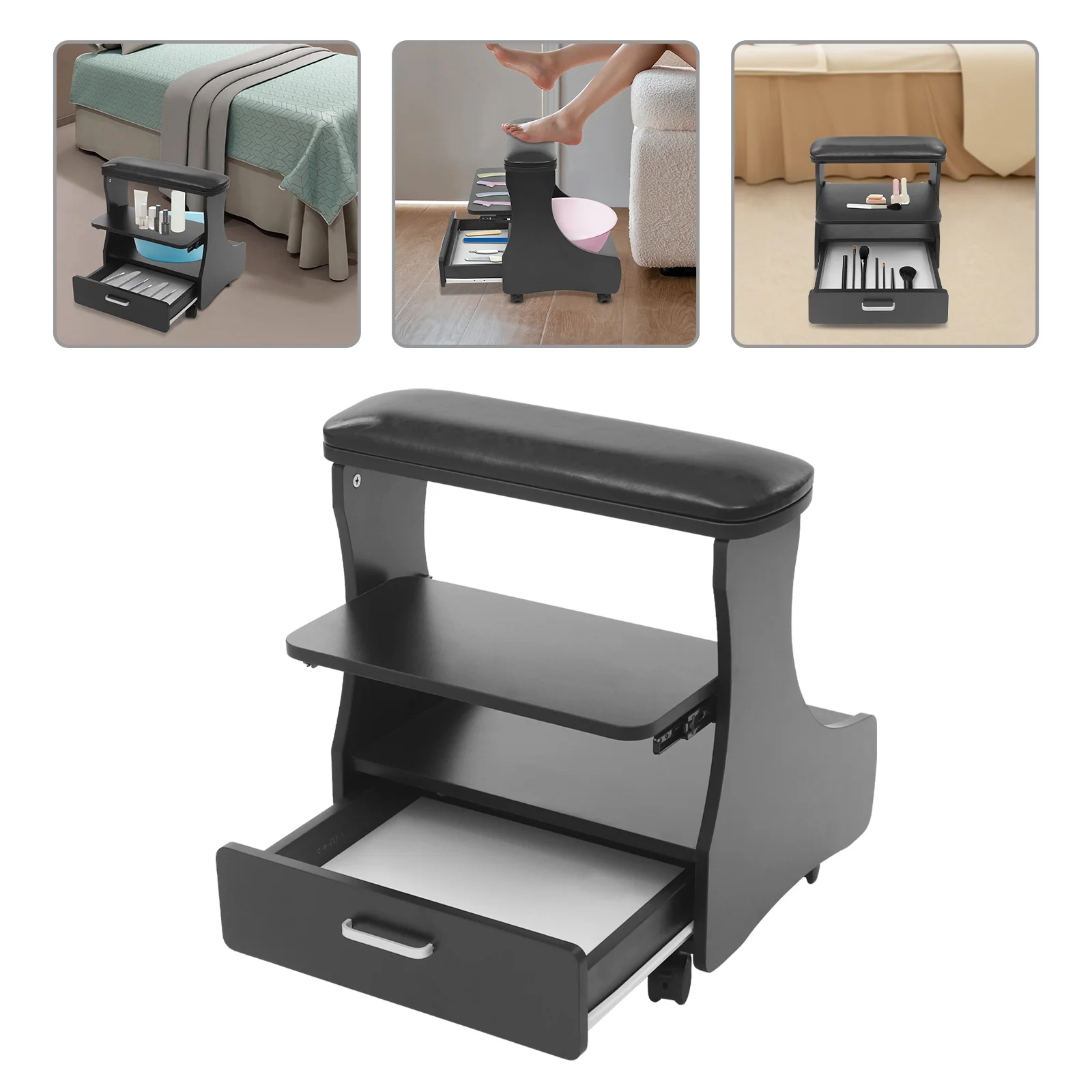 Poggiapiedi Sgabello per pediluvio con ruote Mobili per manicure Carrello da bagno per pedicure Massaggio ai piedi Cura delle unghie dei piedi Nero